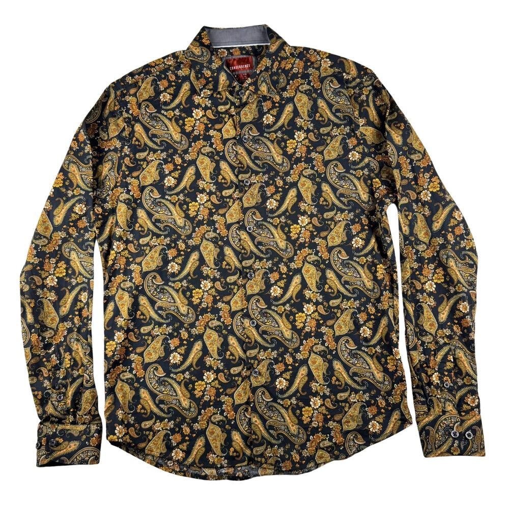 Consequence Flip Cuff Shirt Yellow Gold Paisley Button Up Slim Fit Men's M